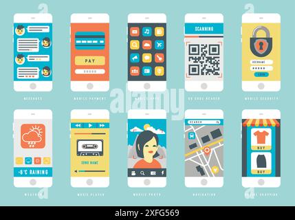 Set di smartphone con diversi elementi dell'interfaccia utente, illustrazione vettoriale dal design piatto Illustrazione Vettoriale