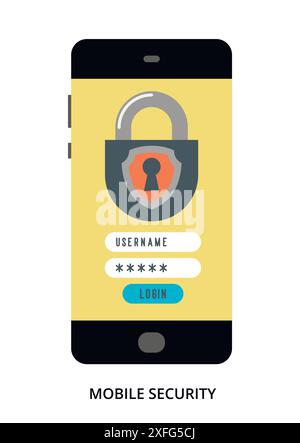 Concetto di sicurezza mobile su smartphone nero con diversi elementi dell'interfaccia utente, illustrazione vettoriale piatta Illustrazione Vettoriale