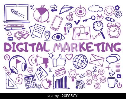 Illustrazione vettoriale disegnata a mano, set di icone di marketing digitale in stile doodle, per la grafica e il web design Illustrazione Vettoriale