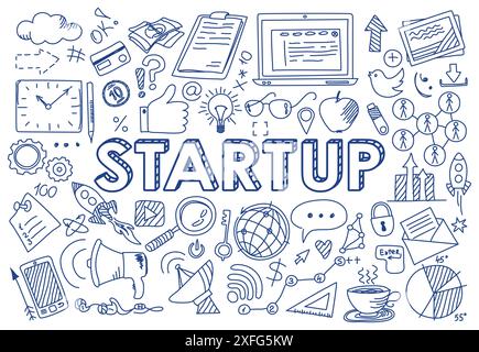 Illustrazione vettoriale disegnata a mano, insieme di icone di concetto di avvio in stile doodle, per la grafica e il web design Illustrazione Vettoriale