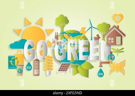 Concetto ecologico con parole Go Green al centro per la grafica e il web design, illustrazione vettoriale in stile taglio carta Illustrazione Vettoriale