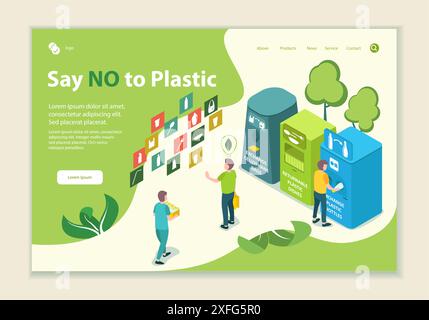 Concetto di dire no alla plastica, modello di sito Web, illustrazione vettoriale in stile isometrico 3D. Illustrazione Vettoriale