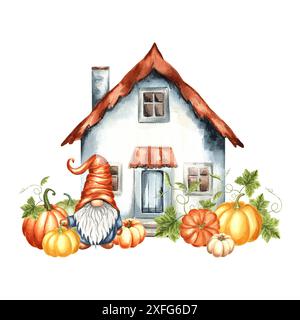 GNOME con le zucche vicino a una graziosa casa giardino con foglie d'acero. Composizione autunnale per Fall Harvest e Thanksgivin. Acquerello disegnato a mano Foto Stock