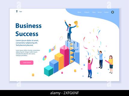 Modello creativo del sito Web del concetto di successo aziendale, illustrazione vettoriale di progettazione isometrica 3D. Illustrazione Vettoriale