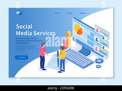 Modello creativo del sito Web del concetto di Social Media Services, illustrazione vettoriale di progettazione isometrica 3D. Illustrazione Vettoriale