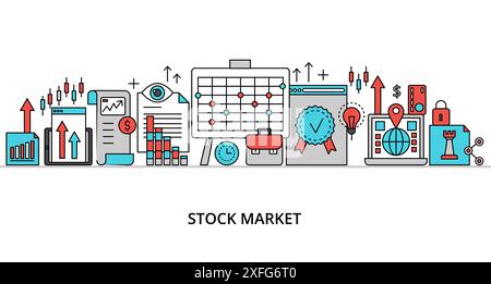 Concetto di processo del mercato azionario e negoziazione di titoli, moderna illustrazione vettoriale con design piatto e sottile, per grafica e web design Illustrazione Vettoriale