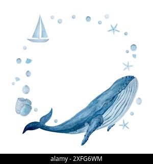 Acquerello di alta qualità, balena blu disegnata a mano, stella marina rotonda, isolata sul bianco. Grafica monocromatica di alta qualità per notebook e poster Foto Stock