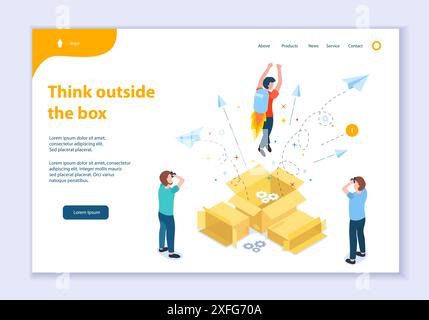 Modello di sito Web creativo del concetto Think Outside the Box, illustrazione vettoriale isometrica 3D, per la grafica e il web design Illustrazione Vettoriale