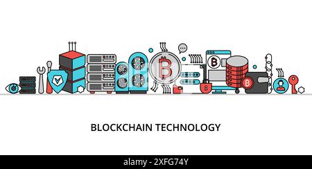 Concetto di tecnologia blockchain, illustrazione vettoriale di design piatto e sottile Illustrazione Vettoriale