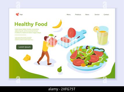 Concetto di cibo sano, modello web, illustrazione vettoriale isometrica 3d per grafica e web design Illustrazione Vettoriale