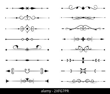 Set di fiori di filigrana ornamentale e sottili divisori su sfondo bianco. Elementi vintage classici, illustrazione vettoriale Illustrazione Vettoriale