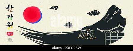 Buon banner orizzontale per le festività Chuseok. Stampa coreana Hangawi Thanksgiving Day. Raccolto asiatico di metà autunno festivo. Casa tradizionale coreana hanok. Cacchiamo su una pennellata di montagna. Traduzione: Chuseok Illustrazione Vettoriale