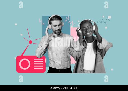Immagine collage composita di due persone cuffie musica isolata su sfondo creativo Foto Stock