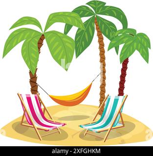 Due sedie a sdraio e un'amaca sono annidate su una spiaggia di sabbia, circondate da lussureggianti palme Illustrazione Vettoriale