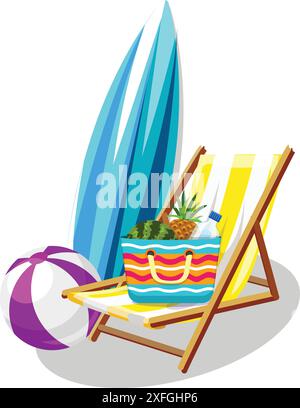 Accessori per le vacanze estive godersi il sole in una splendida giornata in spiaggia Illustrazione Vettoriale