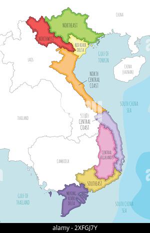 Mappa vettoriale del Vietnam con regioni e divisioni amministrative e paesi e territori confinanti. Modificabile ed etichettato in modo chiaro Illustrazione Vettoriale