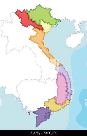 Vettoriale ha illustrato una mappa vuota del Vietnam con regioni e divisioni amministrative e paesi e territori vicini. Modificabile e chiaramente la Illustrazione Vettoriale