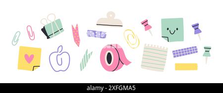 Set di cancelleria piatto. Prendere nota di foglio, adesivo e nastro adesivo, perno a pressione, graffetta. Scheda modello per organizzatore bambini stampabile Illustrazione Vettoriale