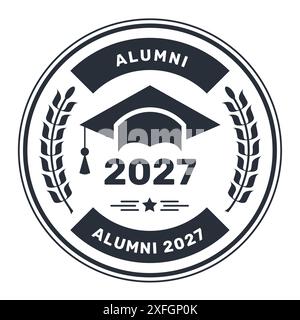 Emblema annuale degli ex studenti, cappello di laurea e corona d'alloro, timbro di legname scolastico, vettore Illustrazione Vettoriale