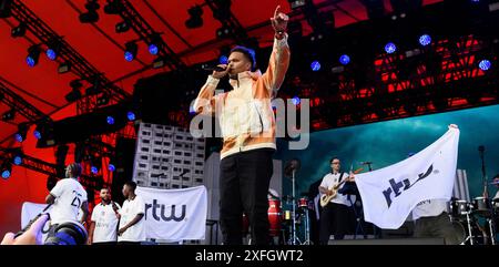 Roskilde, Danimarca. 3 luglio 2024. Il rapper Lamin danese apre il Roskilde Festival 2024 sul palco arancione mercoledì 3 luglio 2024. (Foto: Torben Christensen/Scanpix 2024) credito: Ritzau/Alamy Live News Foto Stock