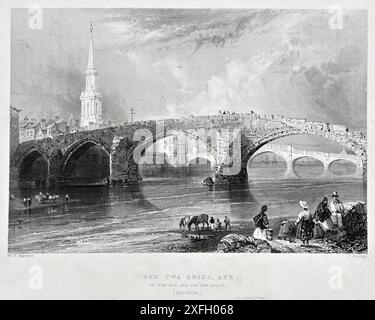 TWA Brigs, Old Bridge e New Bridge, Ayr, Scozia, incisione vintage del 1837 Foto Stock