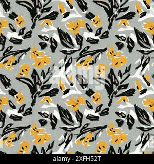 Moderno motivo blockprint in tessuto stampato con fiori selvatici e texture in lino. Motivi floreali boho scuri disegnati a mano stilizzati per elementi di design decorativi Foto Stock