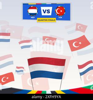 Tifosi di calcio tifosi con le bandiere per la partita tra Paesi Bassi e Turchia. Illustrazione sportiva per competizioni calcistiche in Europa. Modello vettoriale. Illustrazione Vettoriale