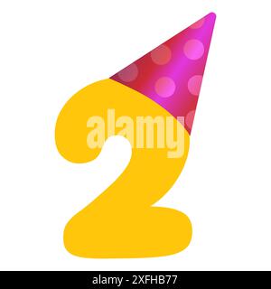 2 anni di festa. Due anni o compleanno con Yellow Number 2 con cappello Pink Party su sfondo bianco. Utilizzato per compleanni, compan Illustrazione Vettoriale
