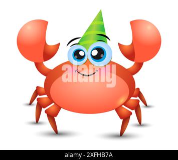 Illustrazione a cartoni animati di un granchio carino con un cappello da festa su sfondo bianco. Buon compleanno in stile cartoni animati, illustrazione vettoriale con simpatico granchio. Illustrazione Vettoriale