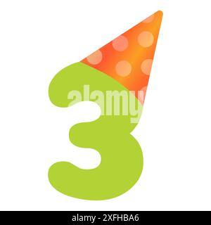 Design del modello di invito per biglietti d'auguri per tre anni con numero verde tre e cappello di compleanno arancione. Design invito da cartolina per Illustrazione Vettoriale