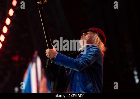 Londra, Regno Unito. 3 luglio 2024. La leggenda del rock Angus Young si esibisce con AC/DC per il primo dei due spettacoli sold-out presso l'iconico stadio di Wembley. Cristina Massei/Alamy Live News Foto Stock