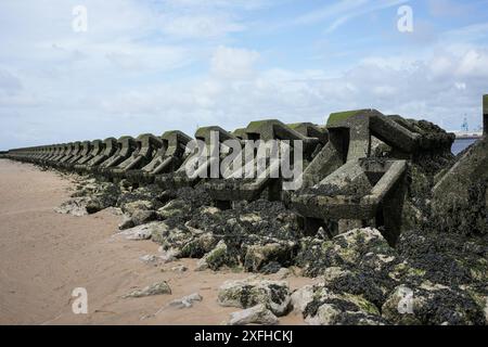 Acqua bassa espone le difese del mare, mostrando un calcestruzzo pre-formata groyne installato per calmare le acque all'estuario del fiume Mersey, New Brighton, Wallasey, Wirral, Merseyside, Regno Unito Foto Stock