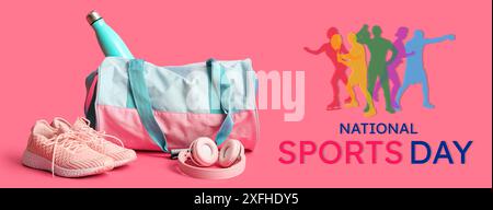 Borsa sportiva, sneaker e cuffie su sfondo rosa. Banner per la giornata nazionale dello sport Foto Stock