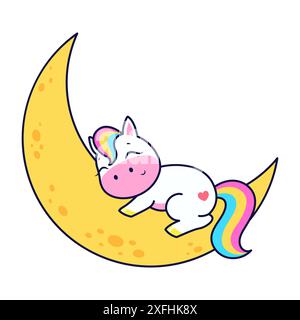 Adorabile unicorno cartoni animati dorme sulla luna. Illustrazione vettoriale. Illustrazione Vettoriale