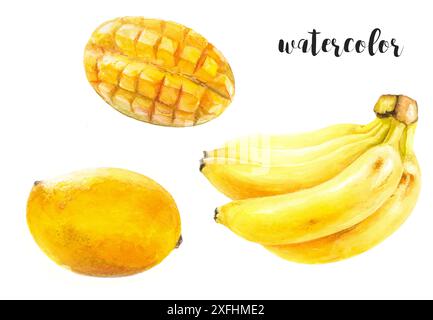 Un dipinto ad acquerello che presenta banane e manghi vivaci, adatto a scopi di design Foto Stock