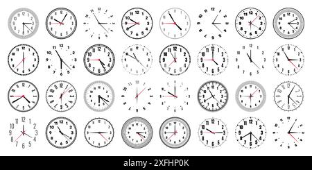 Quadrante meccanico con lancette, cornice. Quadrante con minuti, ore e numeri, numeri arabi. Timer o elemento cronometro. Misurazione Illustrazione Vettoriale