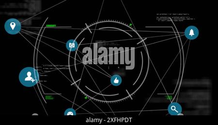 Immagine di icone e cerchi collegati con linguaggio del computer su sfondo nero Foto Stock
