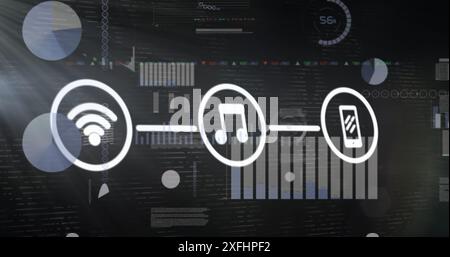 Immagine del diagramma di flusso delle icone su più grafici e del tabellone di negoziazione su sfondo nero Foto Stock