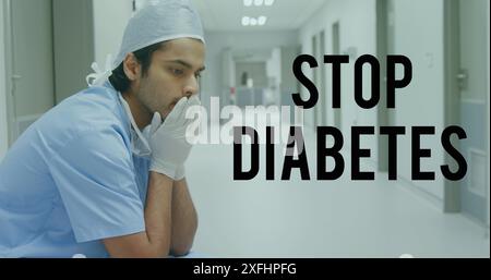 Immagine di stop diabete testo sopra interessato asiatico chirurgo maschile in corridoio ospedale Foto Stock