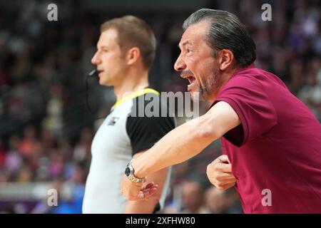 Riga, Lettonia. 3 luglio 2024. L'allenatore della Lettonia Luca Banchi reagisce durante il Torneo di qualificazione olimpica maschile FIBA 2024, partita di gruppo A tra Lettonia e Filippine a riga, in Lettonia, 3 luglio 2024. Crediti: Edijs Palens/Xinhua/Alamy Live News Foto Stock