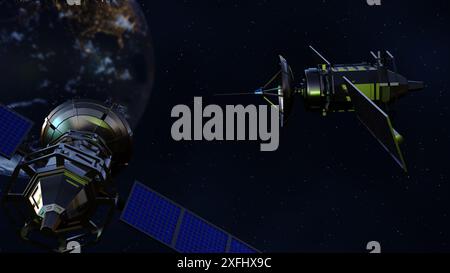 Un modello 3D di un satellite blu in orbita intorno alla Terra. Il satellite ha pannelli solari e un'antenna. Foto Stock