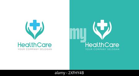 disegno del logo medicale simbolo vettoriale croce e icona mano illustrazione Illustrazione Vettoriale