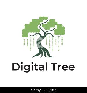 Codice binario digitale modello logo Banyan Oak Tree Nature Illustrazione Vettoriale