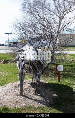 Scultura in legno di una mucca presso la fattoria la Ferme Gilles Landry su QC 132 a Rivière-Ouelle, Quebec, Canada Foto Stock