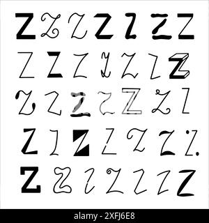 Serie di lettere Z in stili diversi. Scritte disegnate a mano. Illustrazione Vettoriale