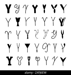 Insieme di lettere Y in stili diversi. Scritte disegnate a mano. Illustrazione Vettoriale