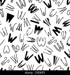 Lettera W in bianco e nero senza cuciture, semplici lettere disegnate a mano. Illustrazione Vettoriale