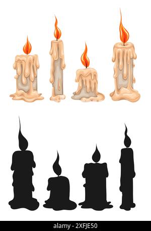 Set vettoriale di candele in cera per cartoni animati e silhouette nera con luci. Clipart di collezione monocromatici e colorati di candele paraffinate isolate Illustrazione Vettoriale