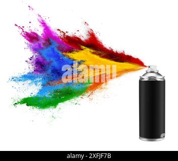 bomboletta spray nera con vernice arcobaleno colorata, isolata su sfondo bianco. storia del settore dei graffiti e dell'arte astratta Foto Stock