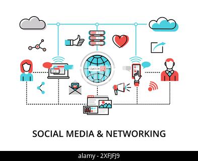 Infografica Social Media and Networking Concept, moderna illustrazione vettoriale piatta e sottile, per grafica e web design Illustrazione Vettoriale